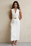 Maxi White Notched Lapel Pencil Blazer Dress with Belt