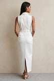 Maxi White Notched Lapel Pencil Blazer Dress with Belt
