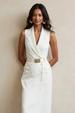 Maxi White Notched Lapel Pencil Blazer Dress with Belt