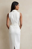 Maxi White Notched Lapel Pencil Blazer Dress with Belt