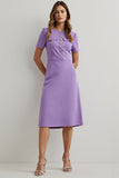 Midi Purple Round Neck Pencil Work Dress with Sleeves