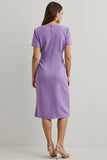 Midi Purple Round Neck Pencil Work Dress with Sleeves