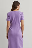 Midi Purple Round Neck Pencil Work Dress with Sleeves