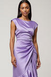 Purple Satin Ruched Midi Wedding Guest Dress with Ruffles