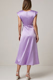 Purple Satin Round Neck Ruched A Line Maxi Wedding Guest Dress