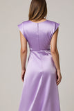 Purple Satin Round Neck Ruched A Line Maxi Wedding Guest Dress