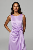 Purple Scoop Satin Sheath Maxi Wedding Guest Dress with Ruffles