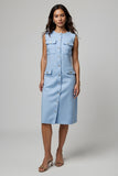 Blue Boat Neck Midi Pencil Work Dress with Buttons