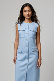 Blue Boat Neck Midi Pencil Work Dress with Buttons