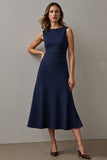 Simple Maxi Navy Bateau Neck A Line Work Dress