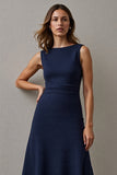 Simple Maxi Navy Bateau Neck A Line Work Dress