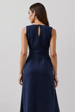 Simple Maxi Navy Bateau Neck A Line Work Dress