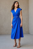 Royal Blue Midi Cap Sleeves V-Neck Work Dress with Belt