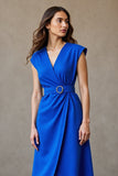 Royal Blue Midi Cap Sleeves V-Neck Work Dress with Belt