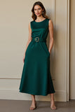Dark Green Round Neck A Line Satin Maxi Work Dress with Pockets