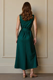 Dark Green Round Neck A Line Satin Maxi Work Dress with Pockets