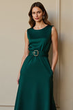 Dark Green Round Neck A Line Satin Maxi Work Dress with Pockets