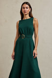 Dark Green Sleeveless A Line Maxi Work Dress with Belt