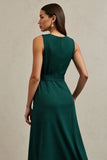 Dark Green Sleeveless A Line Maxi Work Dress with Belt