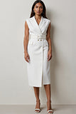 Midi White Notched Lapel Pencil Blazer Dress with Belt