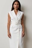 Midi White Notched Lapel Pencil Blazer Dress with Belt