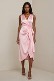 Pink V Neck Sheath Satin Midi Wedding Guest Dress with Sash
