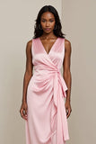 Pink V Neck Sheath Satin Midi Wedding Guest Dress with Sash