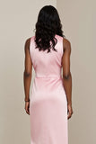 Pink V Neck Sheath Satin Midi Wedding Guest Dress with Sash