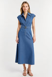 Grey Blue Cap Sleeves Maxi Sheath Work Dress with Belt