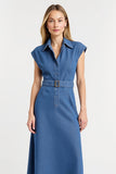 Grey Blue Cap Sleeves Maxi Sheath Work Dress with Belt