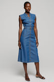 Midi Grey Blue Button A Line Work Dress with Belt