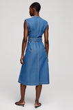 Midi Grey Blue Button A Line Work Dress with Belt