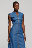 Midi Grey Blue Button A Line Work Dress with Belt