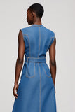 Midi Grey Blue Button A Line Work Dress with Belt