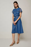 Midi Grey Blue A Line Round Neck Work Dress with Sleeves
