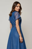 Midi Grey Blue A Line Round Neck Work Dress with Sleeves