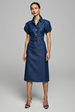 Blue Short Sleeves Midi Pencil Work Dress with Belt