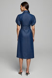 Blue Short Sleeves Midi Pencil Work Dress with Belt