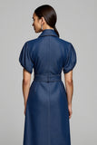 Blue Short Sleeves Midi Pencil Work Dress with Belt