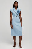 Midi Light Blue Floral Notched Lapel Blazer Dress with Belt