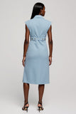 Midi Light Blue Floral Notched Lapel Blazer Dress with Belt