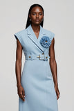 Midi Light Blue Floral Notched Lapel Blazer Dress with Belt