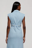 Midi Light Blue Floral Notched Lapel Blazer Dress with Belt