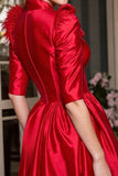 Satin A Line Red Corset Shawl Lapel Short Blazer Dress with Feathers