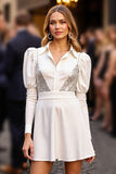 A-Line Sparkly White Short Work Dress with Sleeves