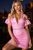 Pink Corset Bodycon Short Work Dress with Ruffles