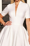 White V-Neck A Line Short Work Dress with Sleeves