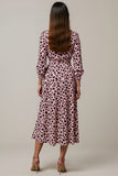 Pink Ruched Leopard A Line Maxi Work Dress with Sleeves