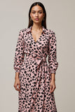 Pink Ruched Leopard A Line Maxi Work Dress with Sleeves