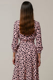 Pink Ruched Leopard A Line Maxi Work Dress with Sleeves